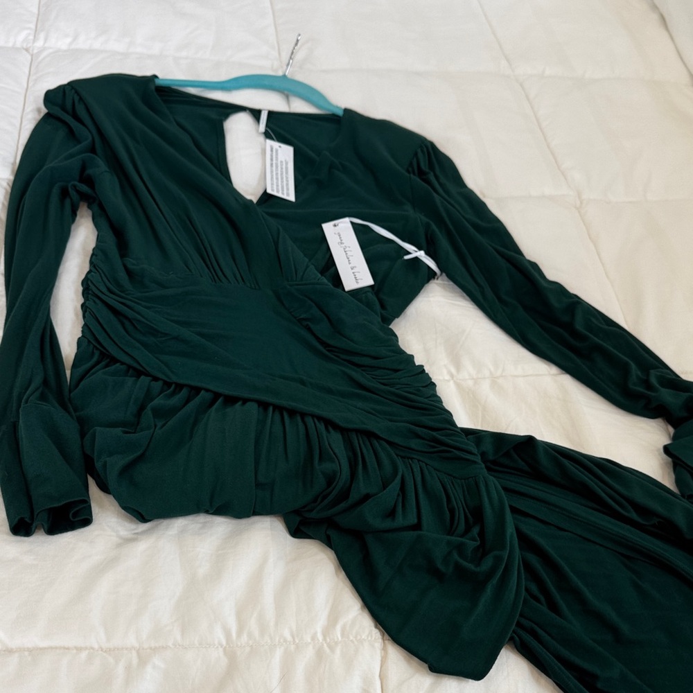 Long Sleeve Dark Green Draped Midi Dress - Picture 3 of 4